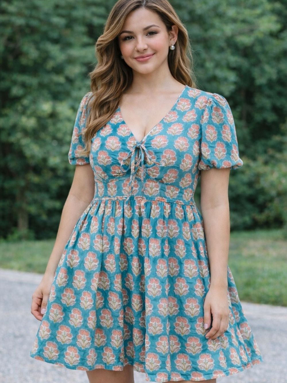 Grace Holiday Floral Cottagecore Dress Medium Puff Sleeve Boho Tie Front - Picture 2 of 6